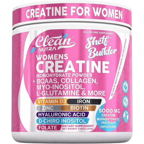 Creatine for Women | Creatine Monohydrate + BCAA Powder Myo-Inositol Collagen Biotin Hyaluronic Acid Folate L Glutamine Vitamin D3 Iron Zinc D-Chiro-Maca Digestion Shelf Builder By Clean Nutra